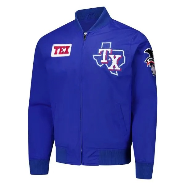 Blue jacket with Texas-themed designs on a white background