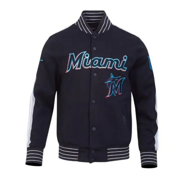 Miami Marlins black game day jacket with logo patches

