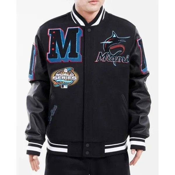 Miami Marlins mash up varsity jacket black leather sleeves

