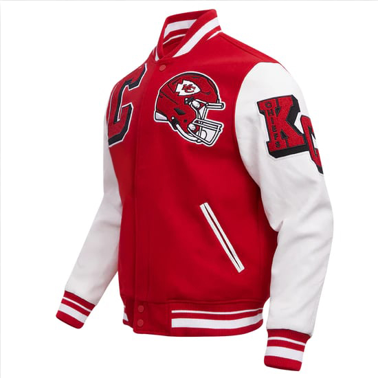 Stylish Kansas City Chiefs men’s wool varsity jacket with mashup design in American Style