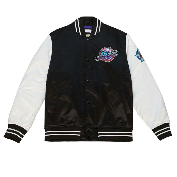 NBA Utah Jazz Team Origins varsity satin jacket featuring team logo in USA