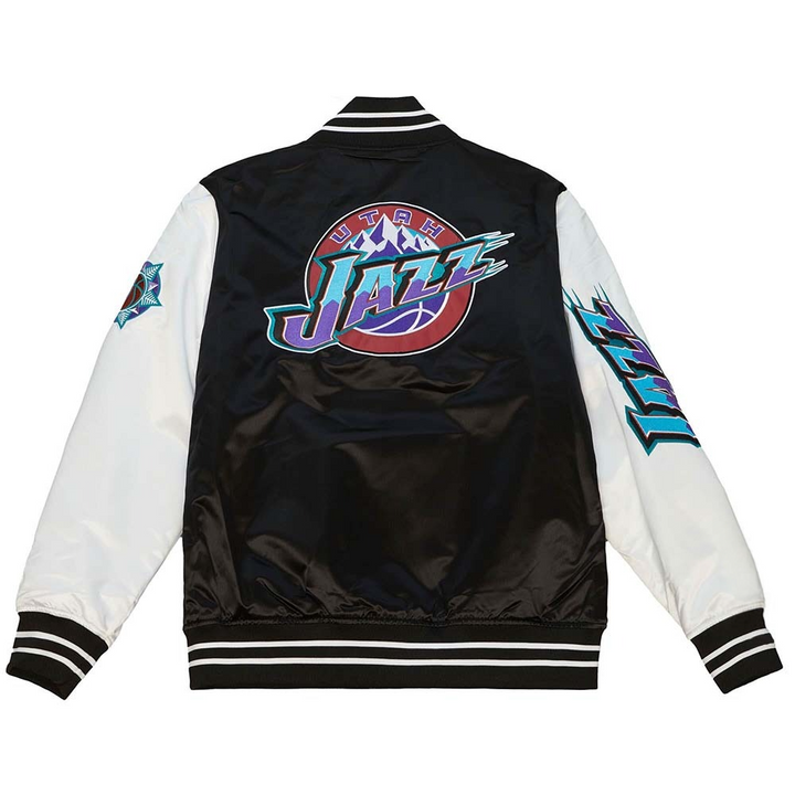 Stylish Utah Jazz satin varsity jacket with bold team colors and design in American Market