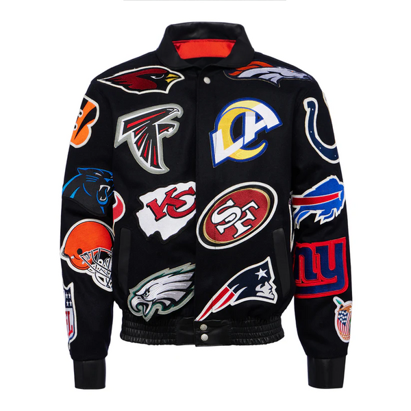 NFL COLLAGE lLOGO BANK LEATHER JACKET For Men and Women