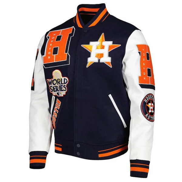 Houston Astros varsity jacket with team logos and colors on a white background