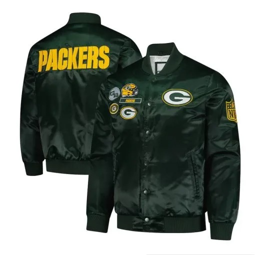 Green Bay Packers exclusive green satin varsity jacket front view

