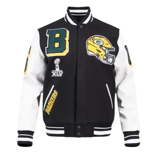Green Bay Packers mashup varsity jacket in black and white

