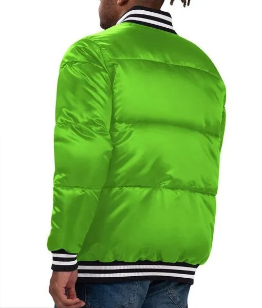 Satin green Packers puffer jacket with bold chest inscription


