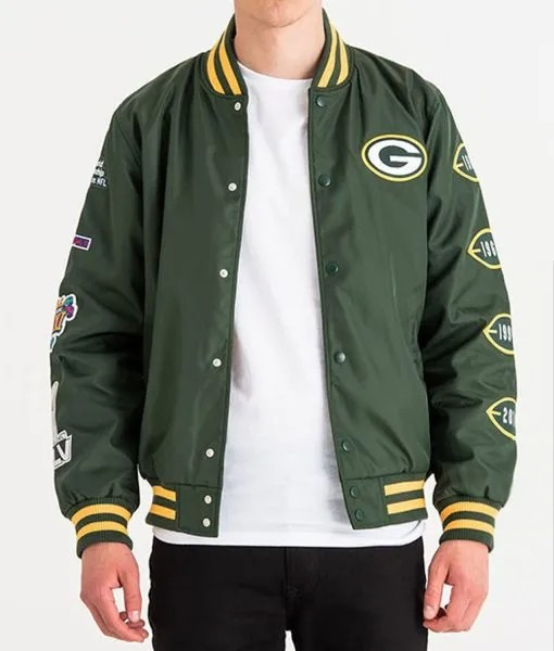 Green Bay Packers Champs patches satin jacket front view

