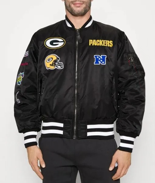 Green Bay Packers black MA-1 bomber jacket front view

