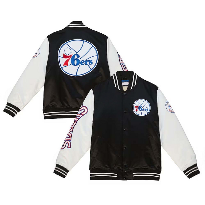 NBA Philadelphia 76ers Mitchell & Ness black satin varsity jacket for men in USA