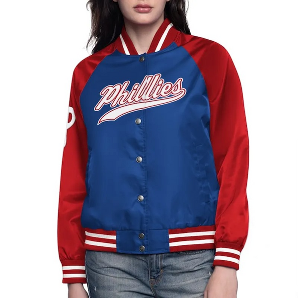 Philadelphia Phillies royal red varsity satin jacket front view


