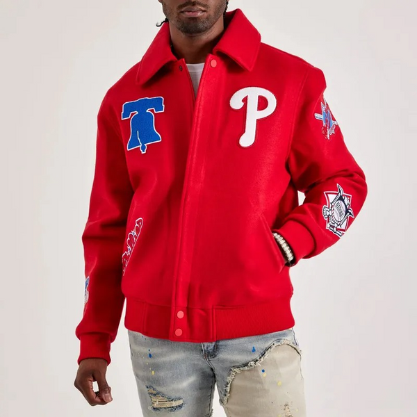 Philadelphia Phillies red varsity wool jacket front and back

