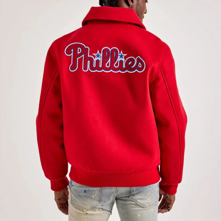 World Series Phillies jacket with bold graphic logos

