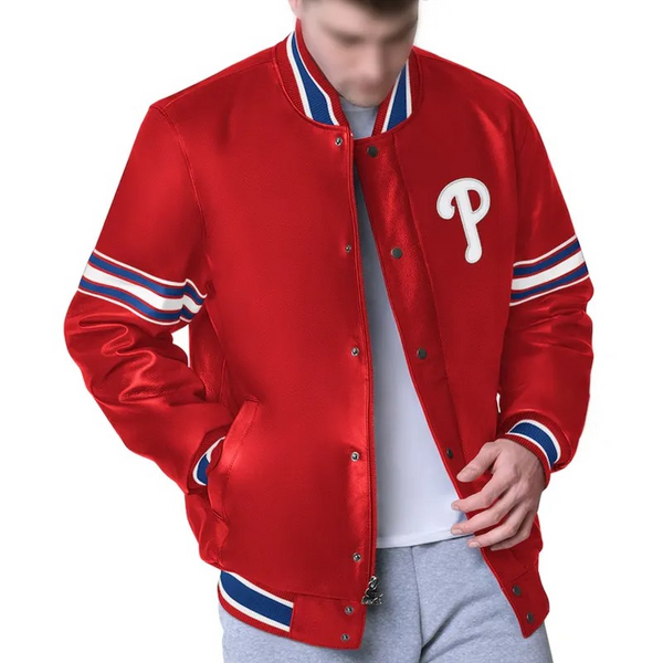 Philadelphia Phillies red varsity satin jacket front and back

