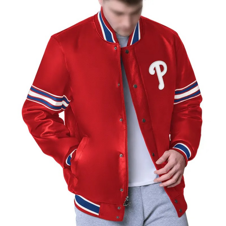 Philadelphia Phillies red varsity satin jacket front and back

