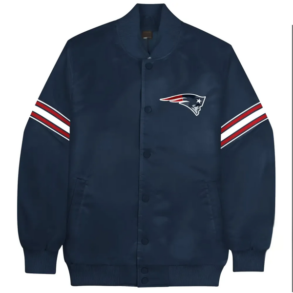 Buy New England Patriots Pick & Roll Bomber Satin Varsity Navy Jacket