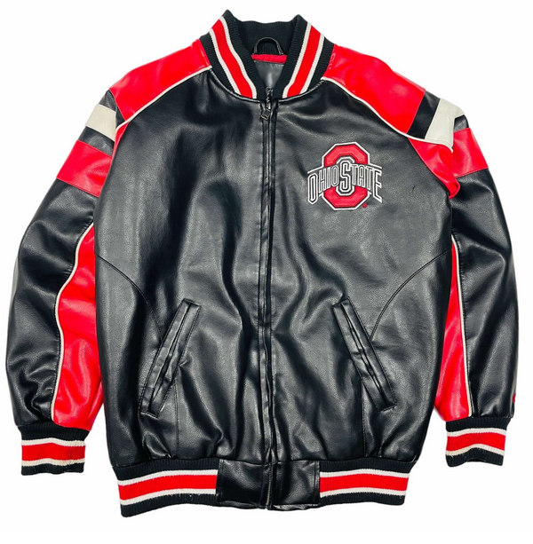 Ohio State Buckeyes 90s leather jacket featuring bold team branding and premium vintage craftsmanship