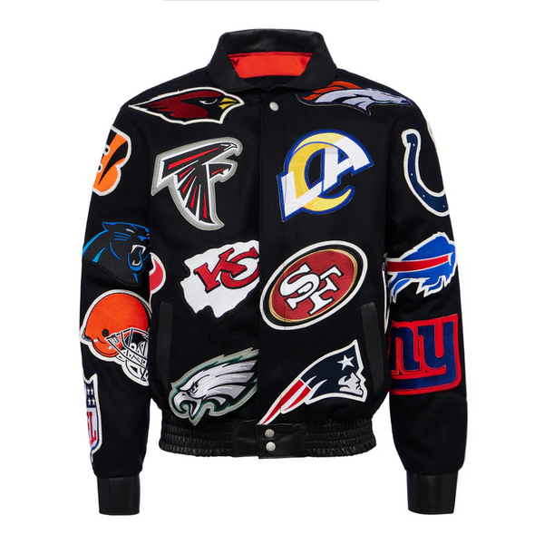 Buy NFL COLLAGE lLOGO BANK LEATHER JACKET For Men and Women