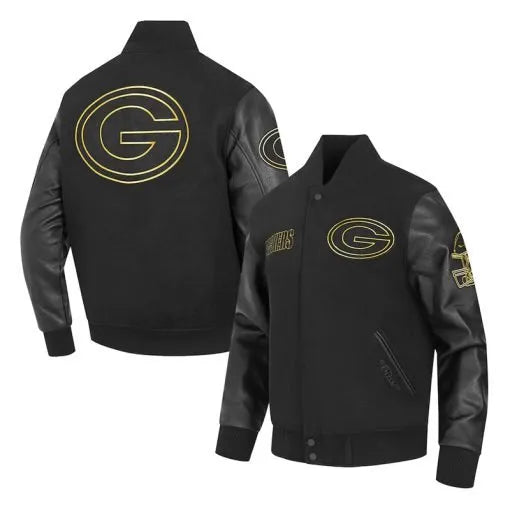 Green Bay Packers black varsity jacket with full zip front

