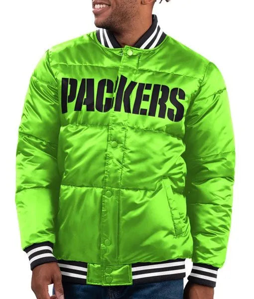 Green Bay Packers Bronx fashion bubble puffer jacket front view

