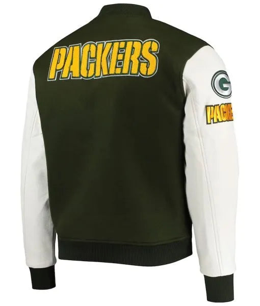 Front zip closure on Packers varsity jacket

