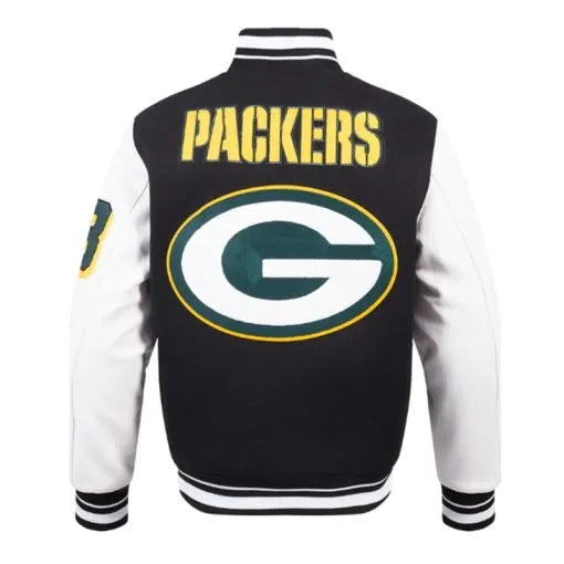 Unisex Packers varsity jacket with wool body and leather sleeves

