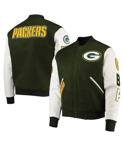 Green Bay Packers green and white varsity jacket front view

