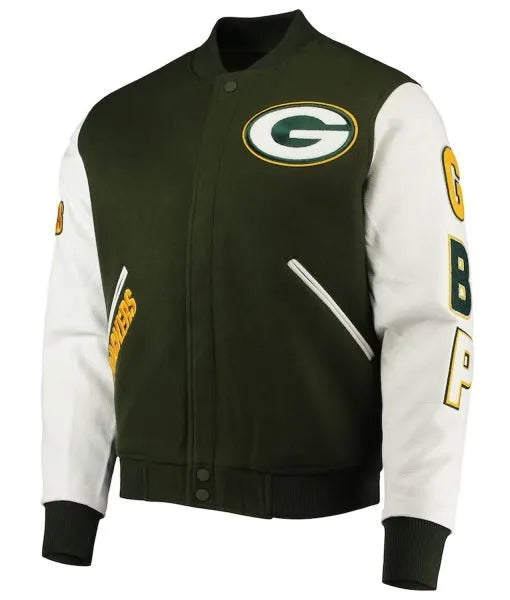 Packers letterman jacket with wool body and leather sleeves

