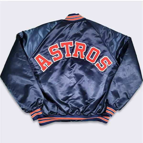 Navy blue satin jacket with 'ASTROS' text on a light gray background