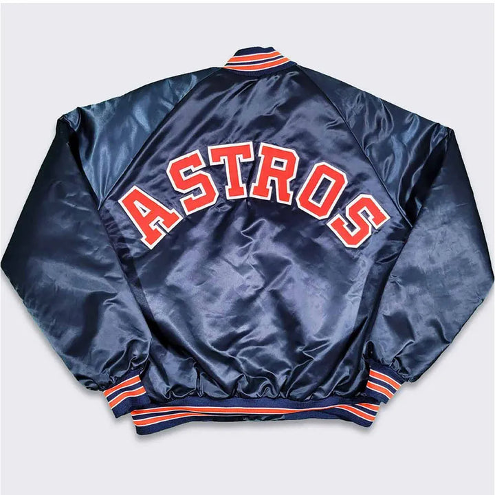 Navy blue satin jacket with 'ASTROS' text on a light gray background