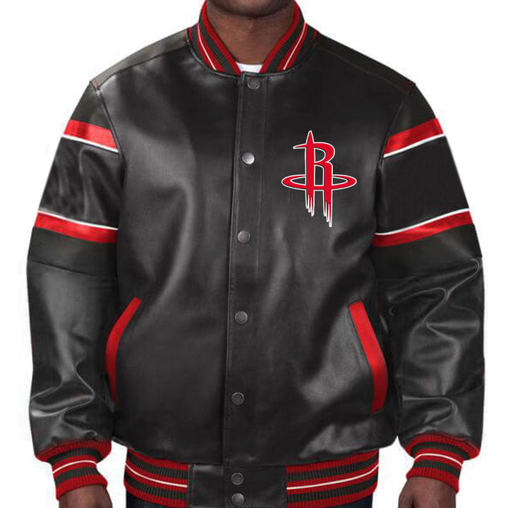 Stylish Houston Rockets leather jacket in red, black, and white design in American Style