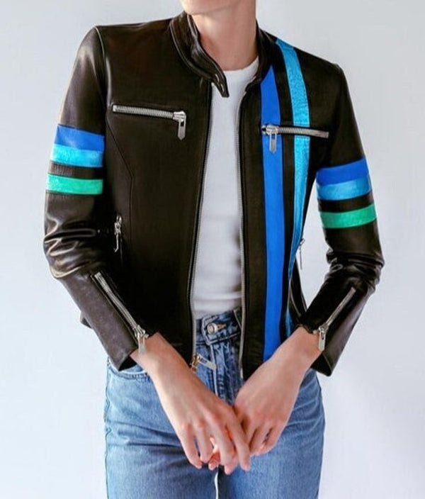 Buy Women Black Solid Casual Tailored Biker Leather Jacket