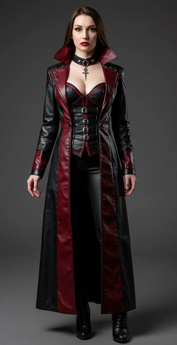 Women's Vampire Leather Trench Coat – Gothic Black & Red Corset Jacket