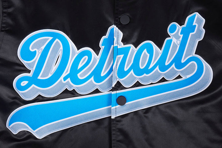 Detailed Shot of Detroit Lions Script Tail Jacket with Team Helmet Patch