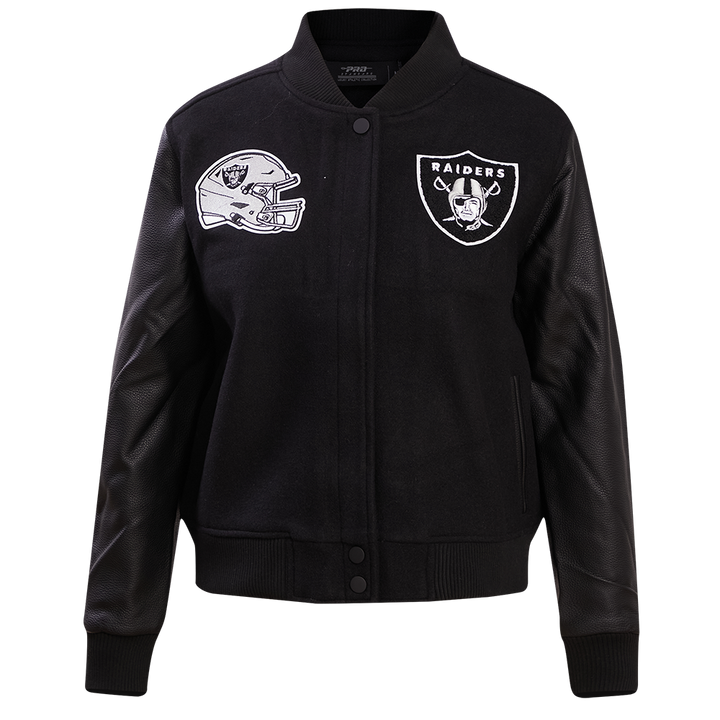 Front view of NFL Las Vegas Raiders Varsity Jacket with team logo.