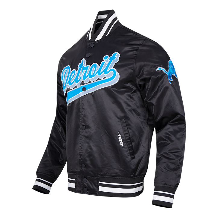 Front View of Detroit Lions Script Tail Satin Jacket with Team Logo