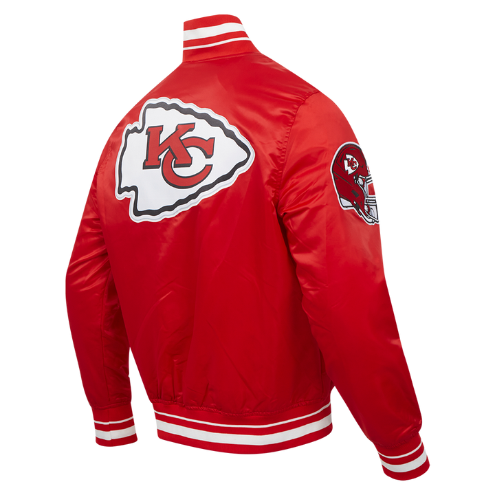 Side view of Kansas City varsity-style red jacket with Chiefs logo on the sleeve.