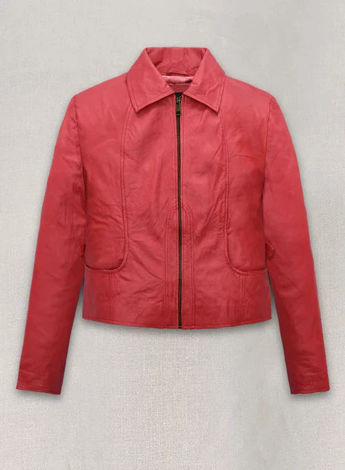 Soft Tango Red Washed Jennifer Lopez Gigli Leather Jacket Front View in USA