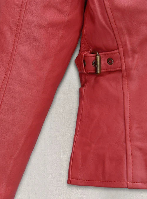 Side View of Soft Tango Red Jennifer Lopez Gigli Leather Jacket in German market