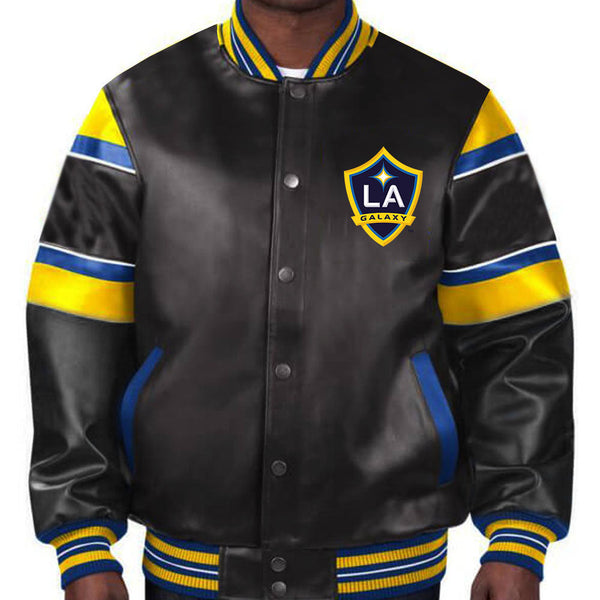 Premium quality LA Galaxy leather jacket featuring bold team branding in USA