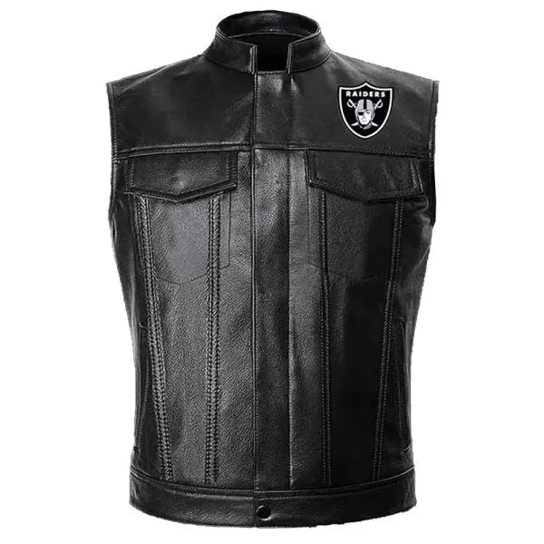 Black leather Raiders vest for men

