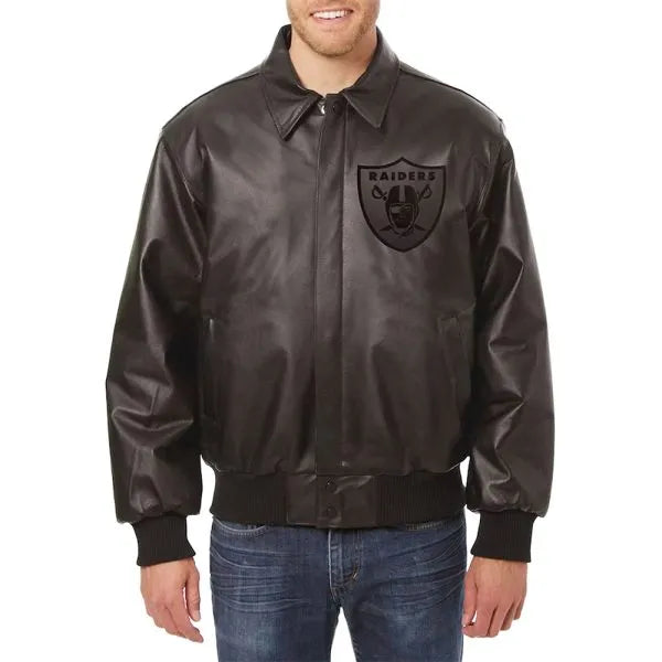 Black tonal leather Raiders jacket for men

