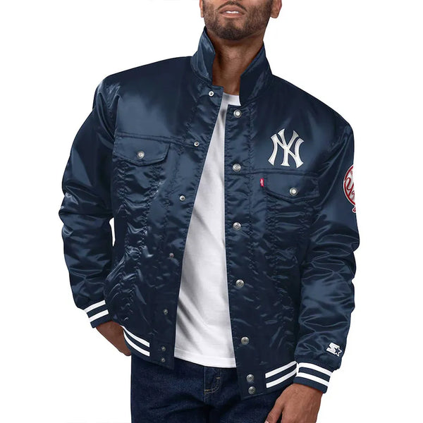 New York Yankees Navy Silver Tab Trucker Jacket Front View in USA