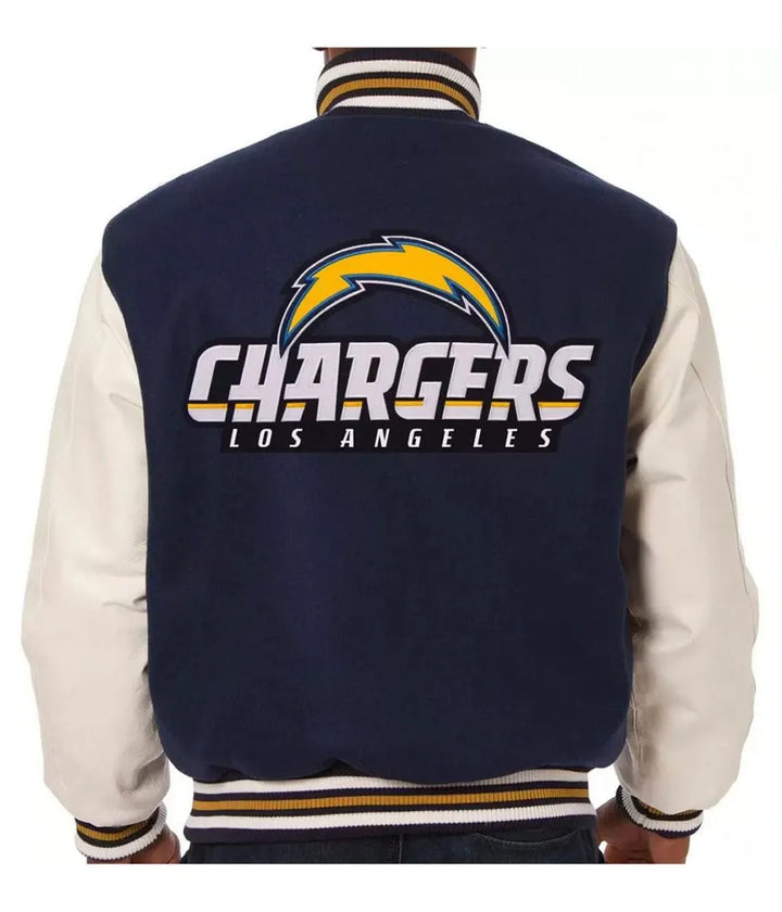 Varsity LA Chargers Navy Blue and White Wool Leather Jacket Front View in USA