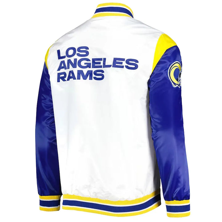 Stylish LA Rams White Varsity Satin Jacket with Throwback Design in American style