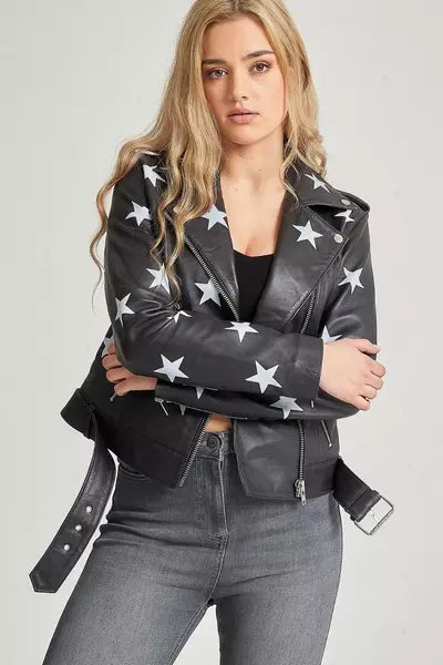 Women's Star-Embellished Black Leather Biker Jacket
