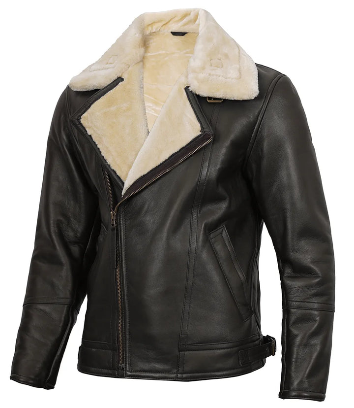 Shearling-lined men's biker leather jacket in France style