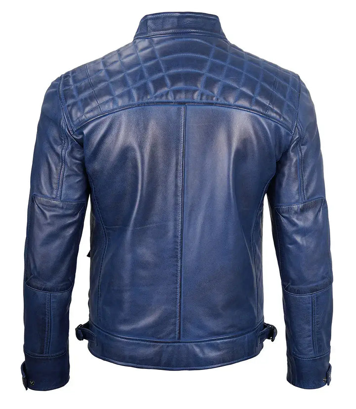 Men's Café Racer Biker Jacket in Blue Waxed Leather in France market