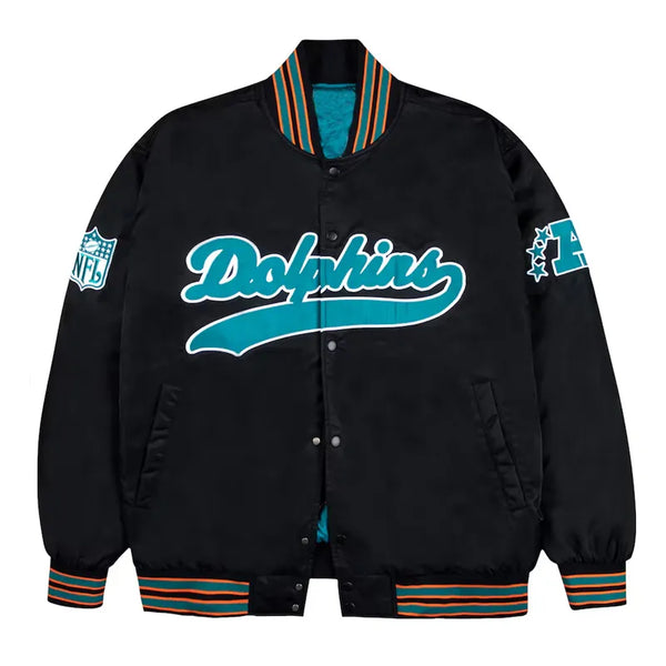 Miami Dolphins Aqua and Orange Rib Bomber Black Jacket