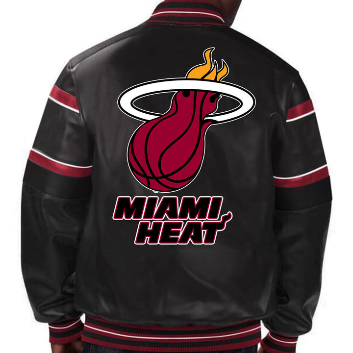 NBA Miami Heat leather jacket featuring team logo design for men and women in USA